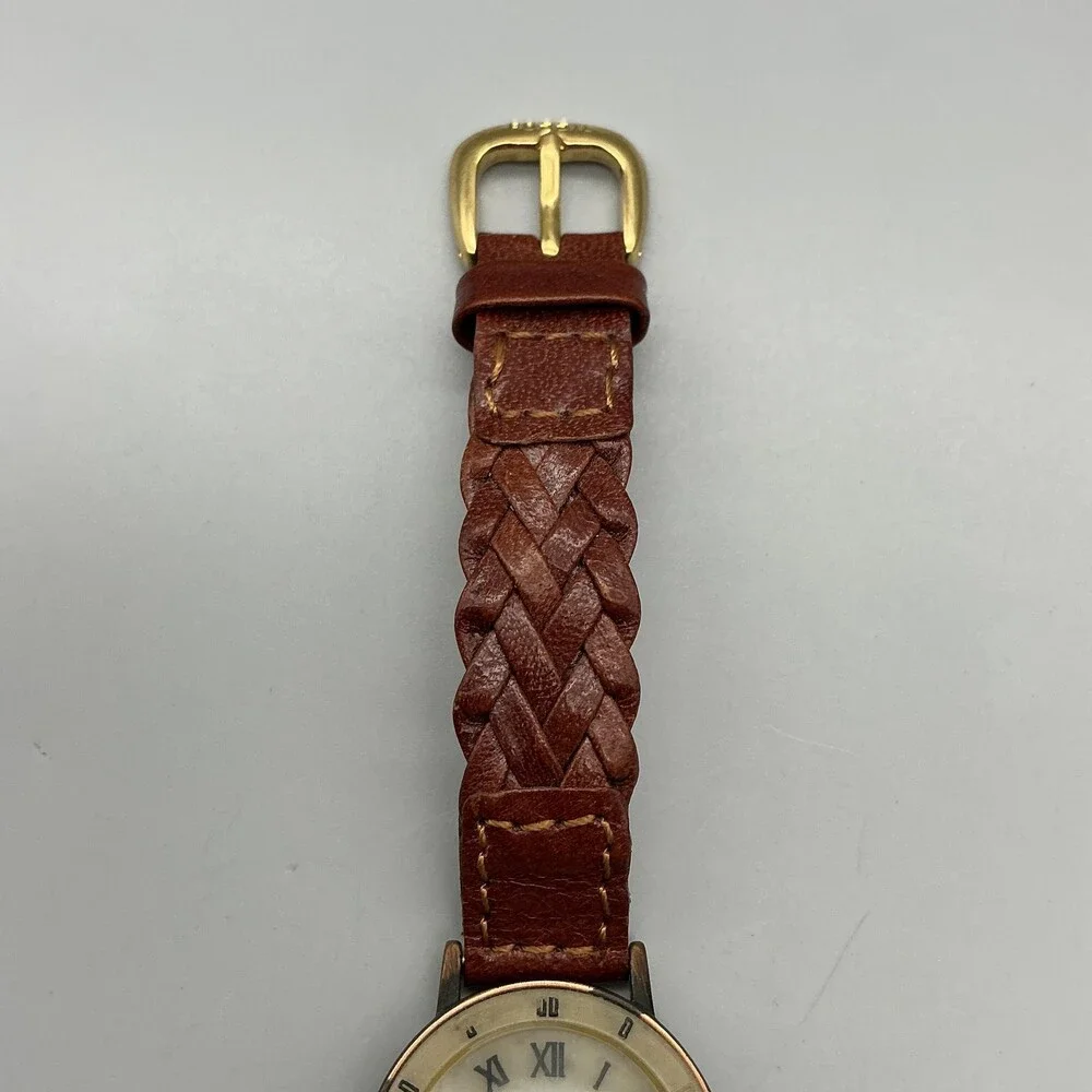 Relic Womens Watch 25mm Gray Dial Gold Tone Brown Braided Leather New Battery